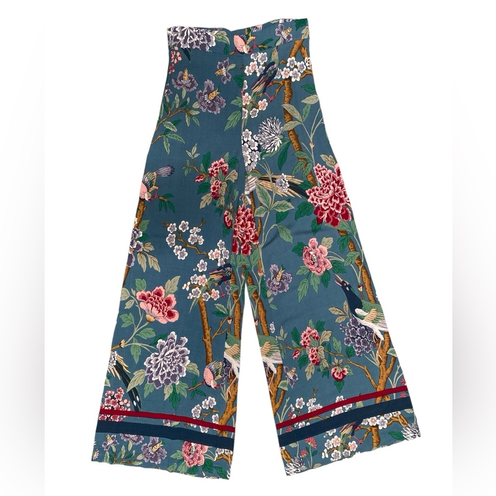 GP&J Baker x H&M Teal Floral Wide-Leg Pants with Multicolor Blooms